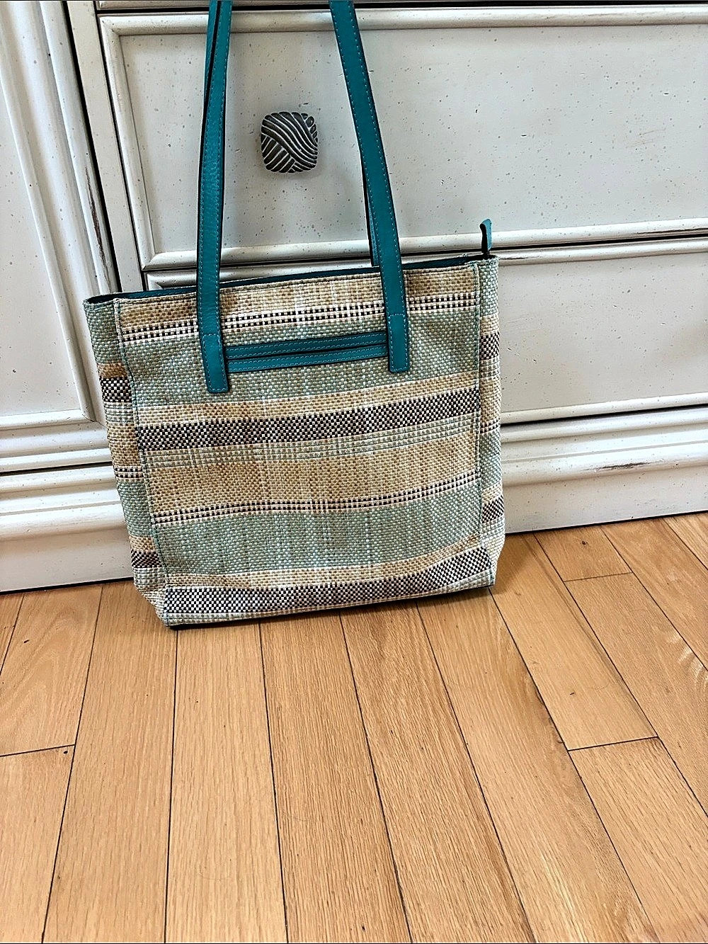 Patricia Nash Striped Tote Bag in Green & Brown with leather trim